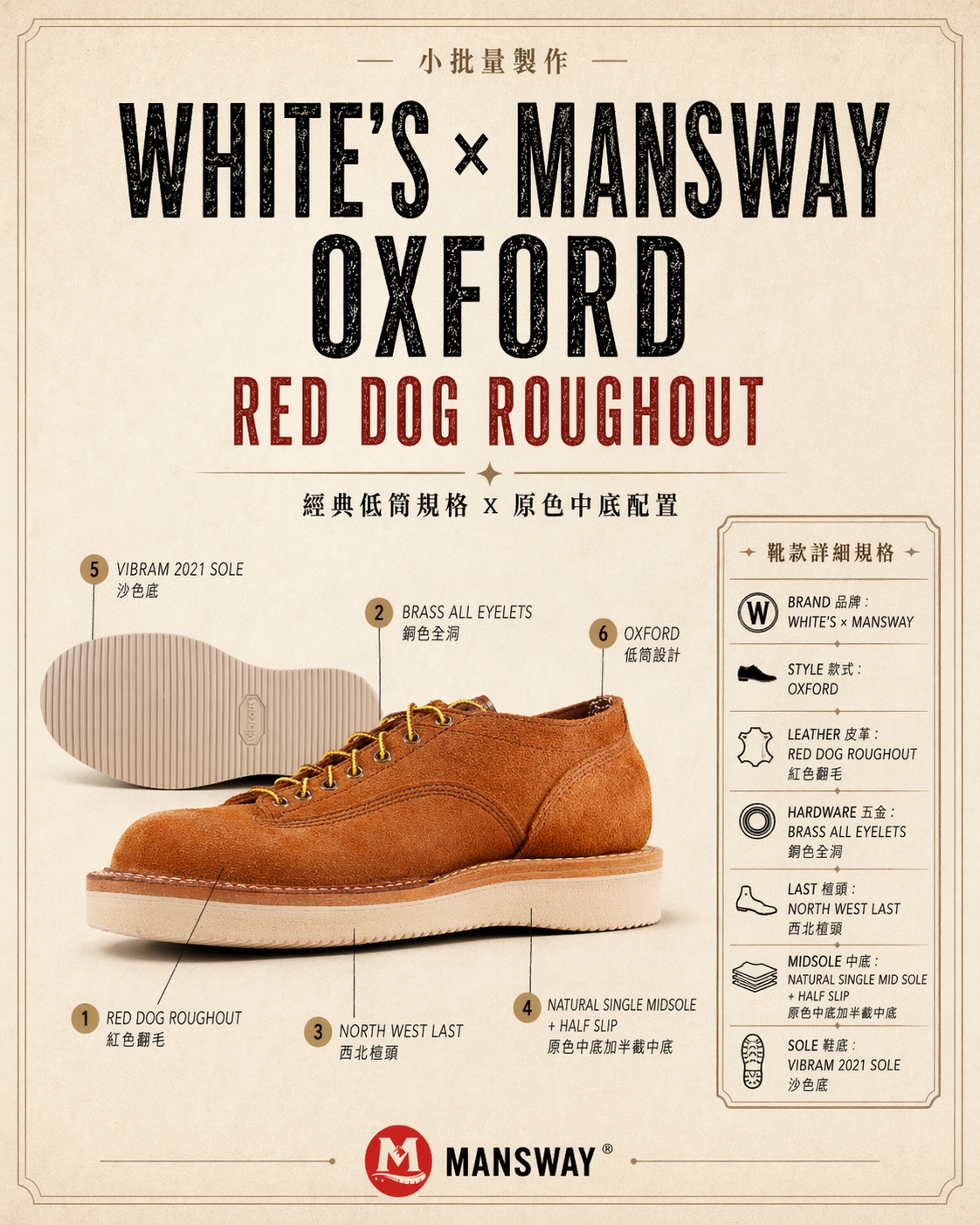 WHITE'S NORTH WEST OXFORD Red Dog Roughout, WHITE'S x MANSWAY, North West Last, Vibram 2021 sole, natural single midsole and half slip