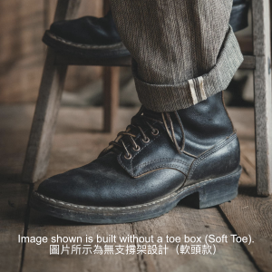 Image shown is built without a toe box (Soft Toe).